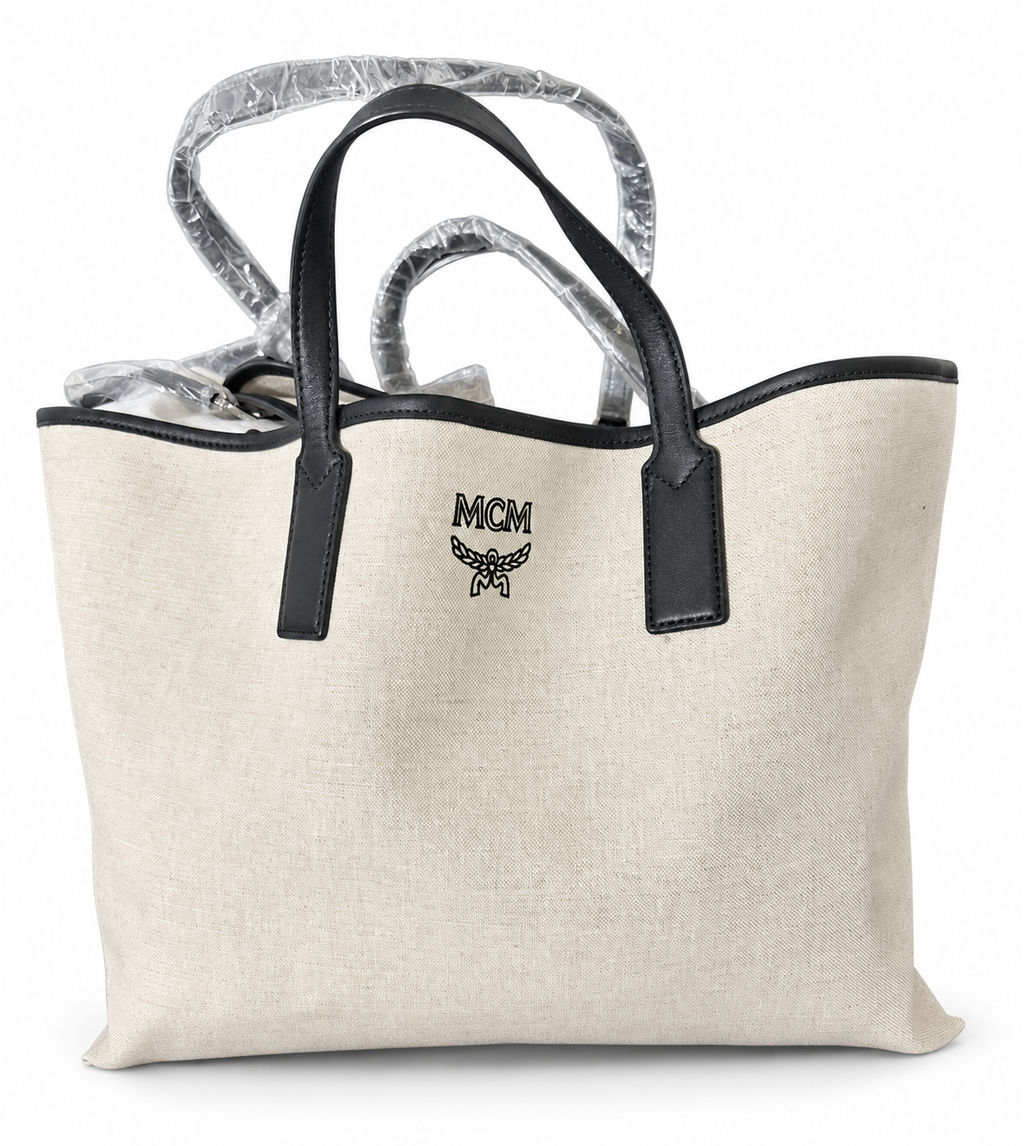 MCM Large Reversible Canvas Shopper Tote Black Beige Logo Print + Pouch & Strap