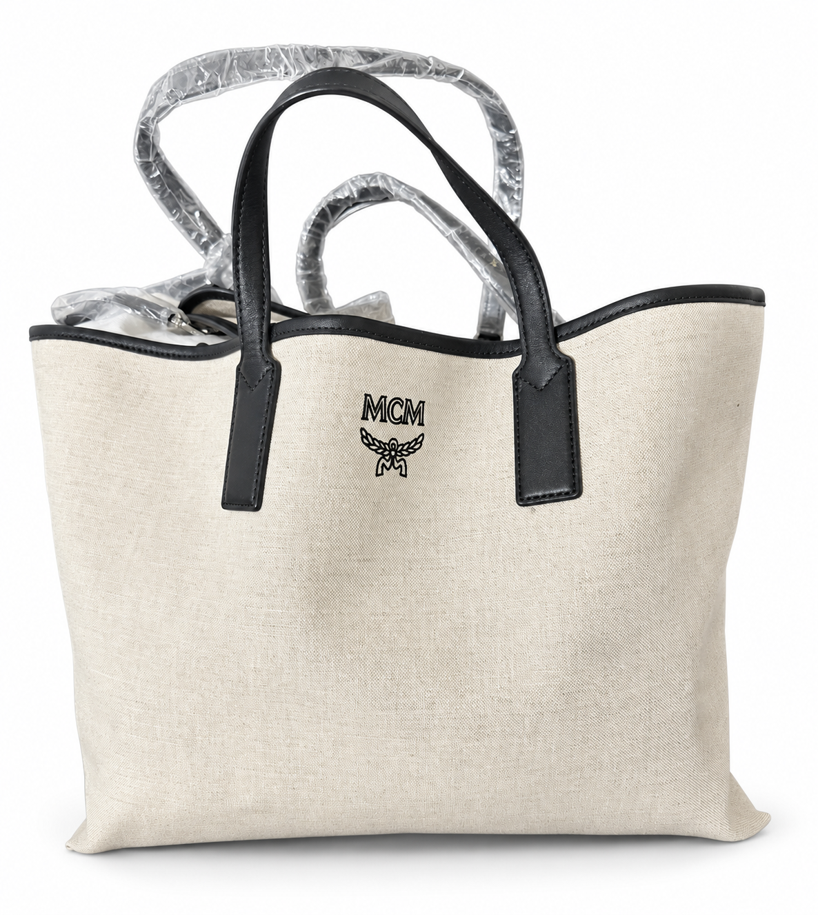 MCM Large Reversible Canvas Shopper Tote Black Beige Logo Print + Pouch & Strap