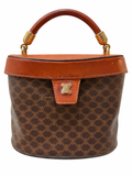 Vintage Celine Macadam Monogram Vanity Bag Brown Leather Top Handle Gold Hardware