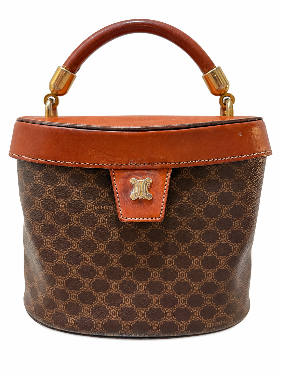 Vintage Celine Macadam Monogram Vanity Bag Brown Leather Top Handle Gold Hardware