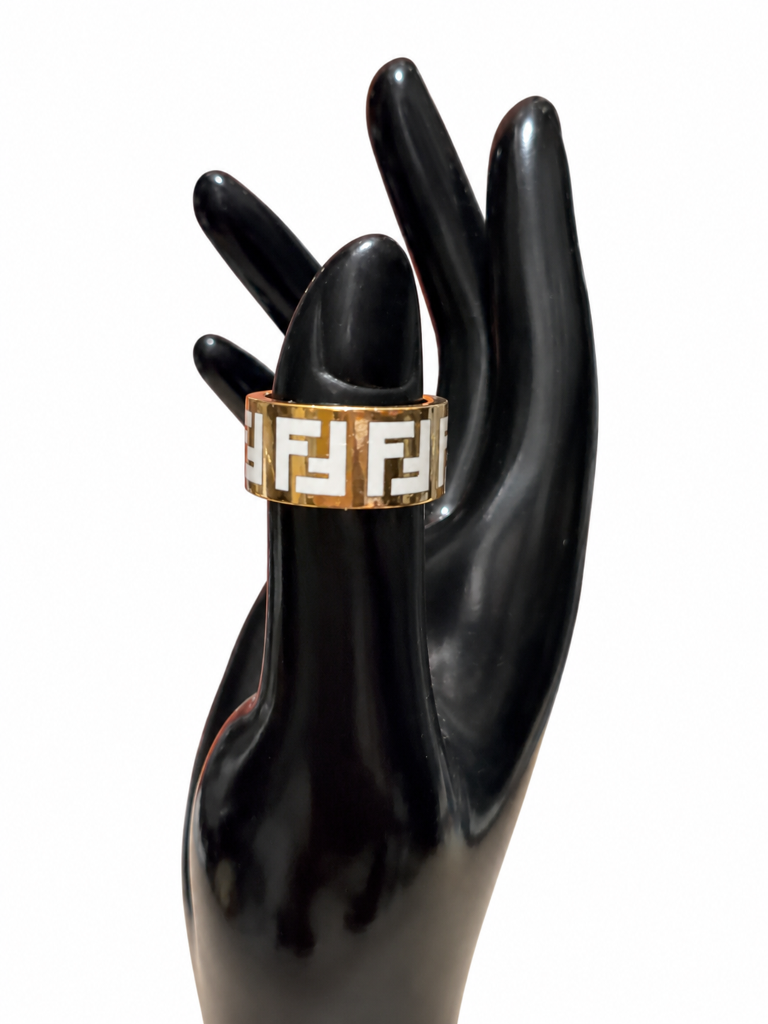 Fendi Forever FF Logo Wide Band Ring Gold Tone White Enamel Size M Made in Italy