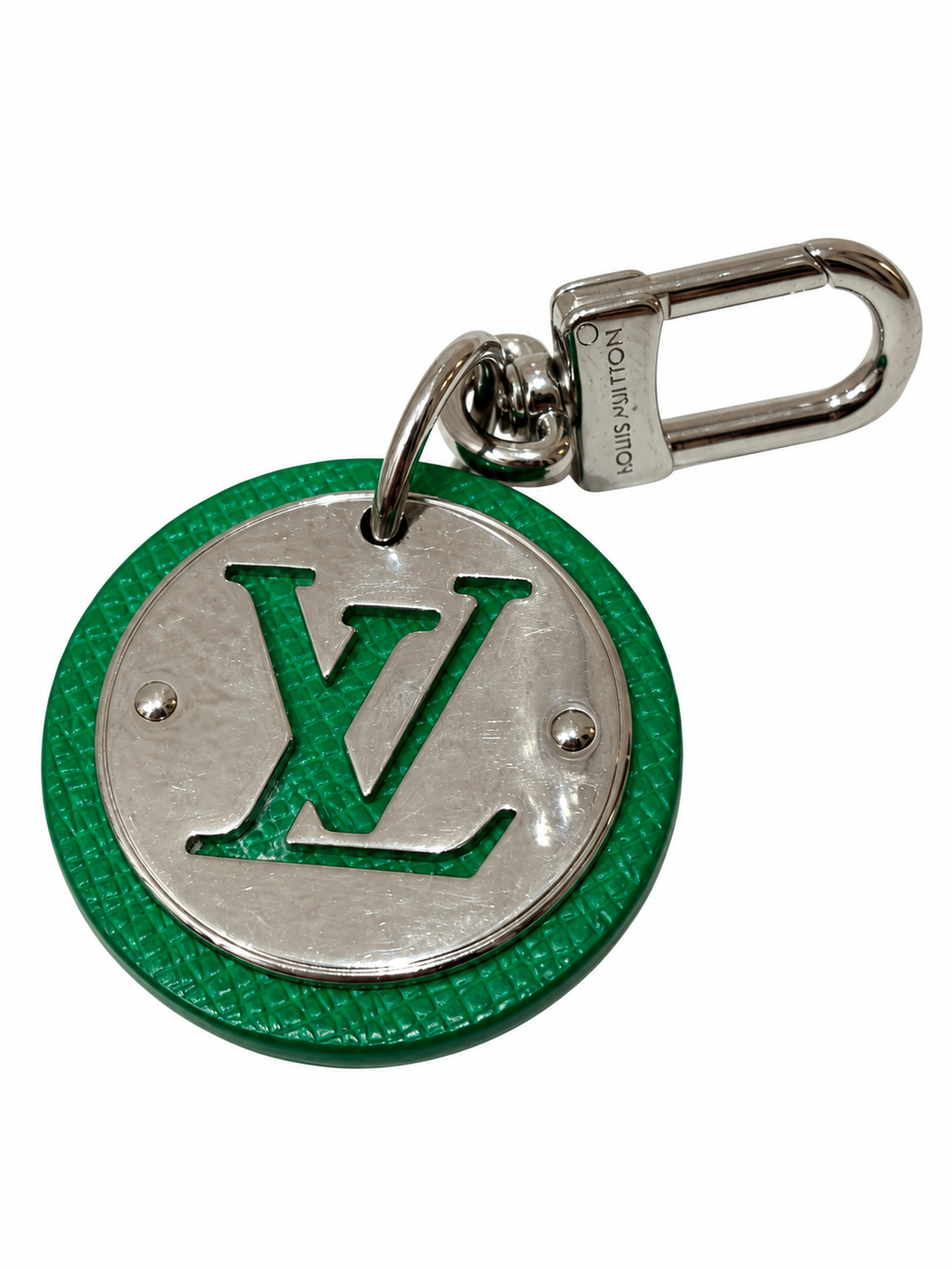 Louis Vuitton LV Circle Green Leather Bag Charm Key Holder Silver Hardware