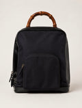 Vintage Gucci Bamboo Handle Black Nylon Backpack Patent Leather Trim