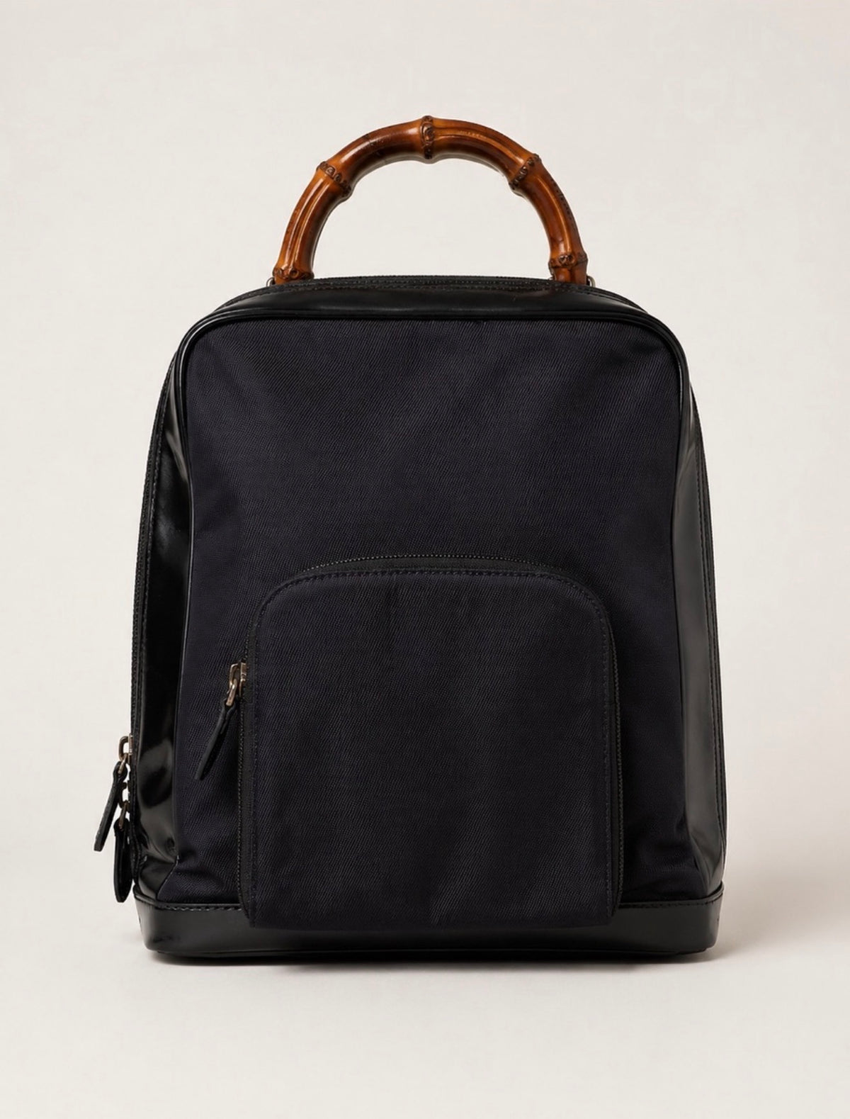 Vintage Gucci Bamboo Handle Black Nylon Backpack Patent Leather Trim
