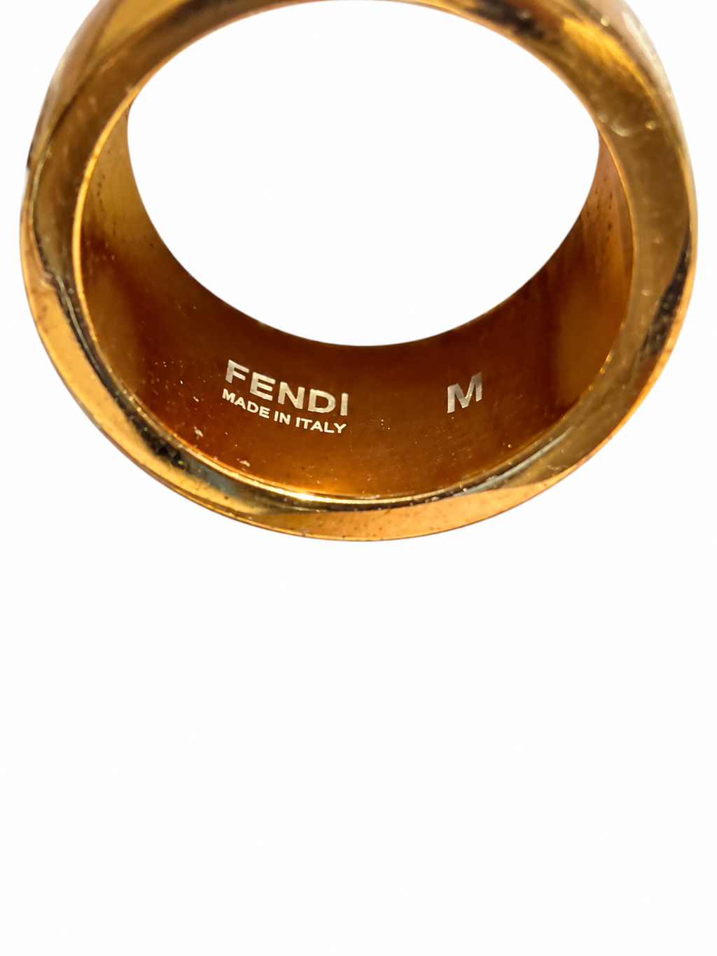 Fendi Forever FF Logo Wide Band Ring Gold Tone White Enamel Size M Made in Italy