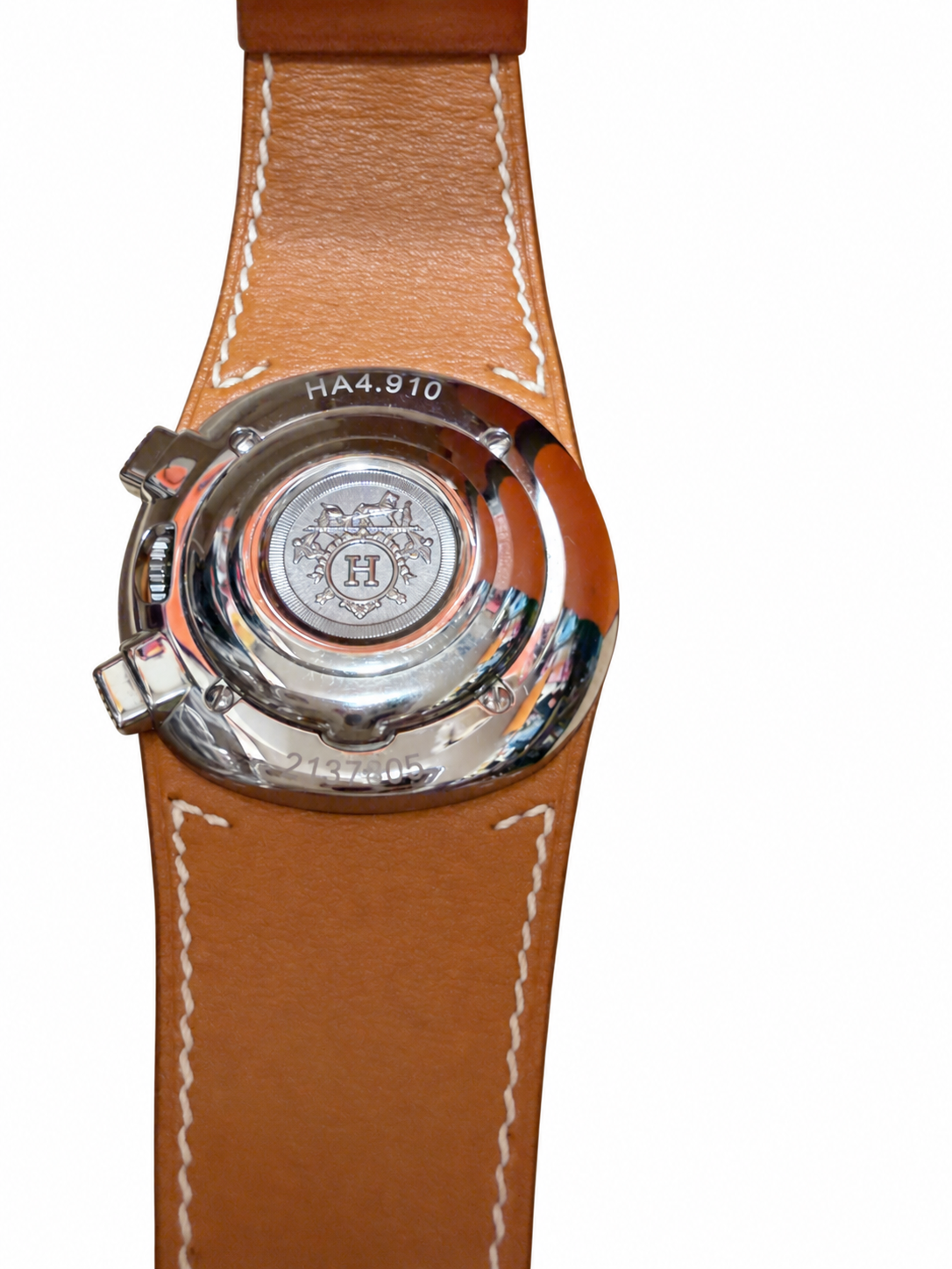 Hermès Harnais HA4.910 Chronograph Watch White Dial Brown Leather Cuff + Box COA