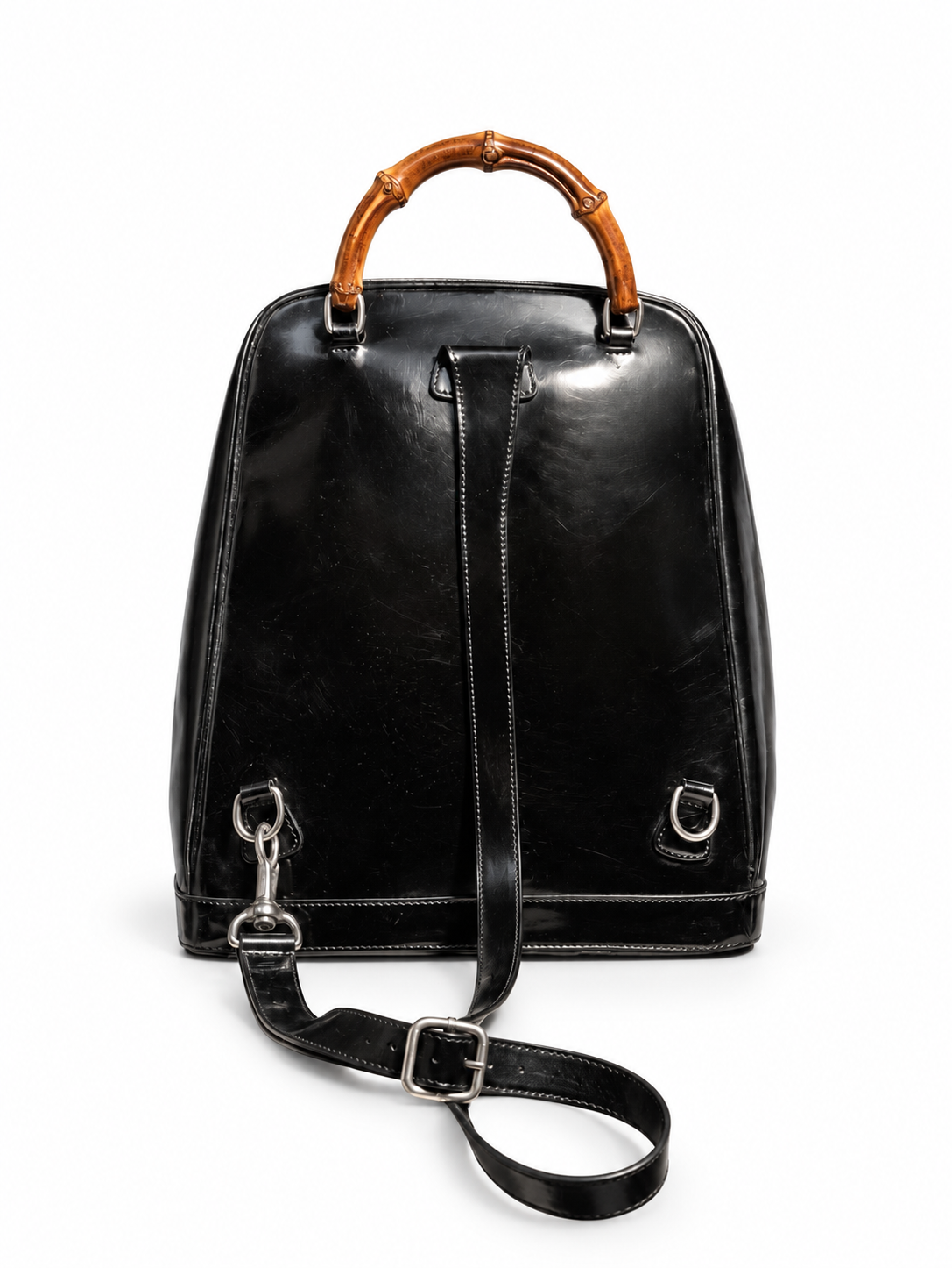 Vintage Gucci Bamboo Handle Black Nylon Backpack Patent Leather Trim