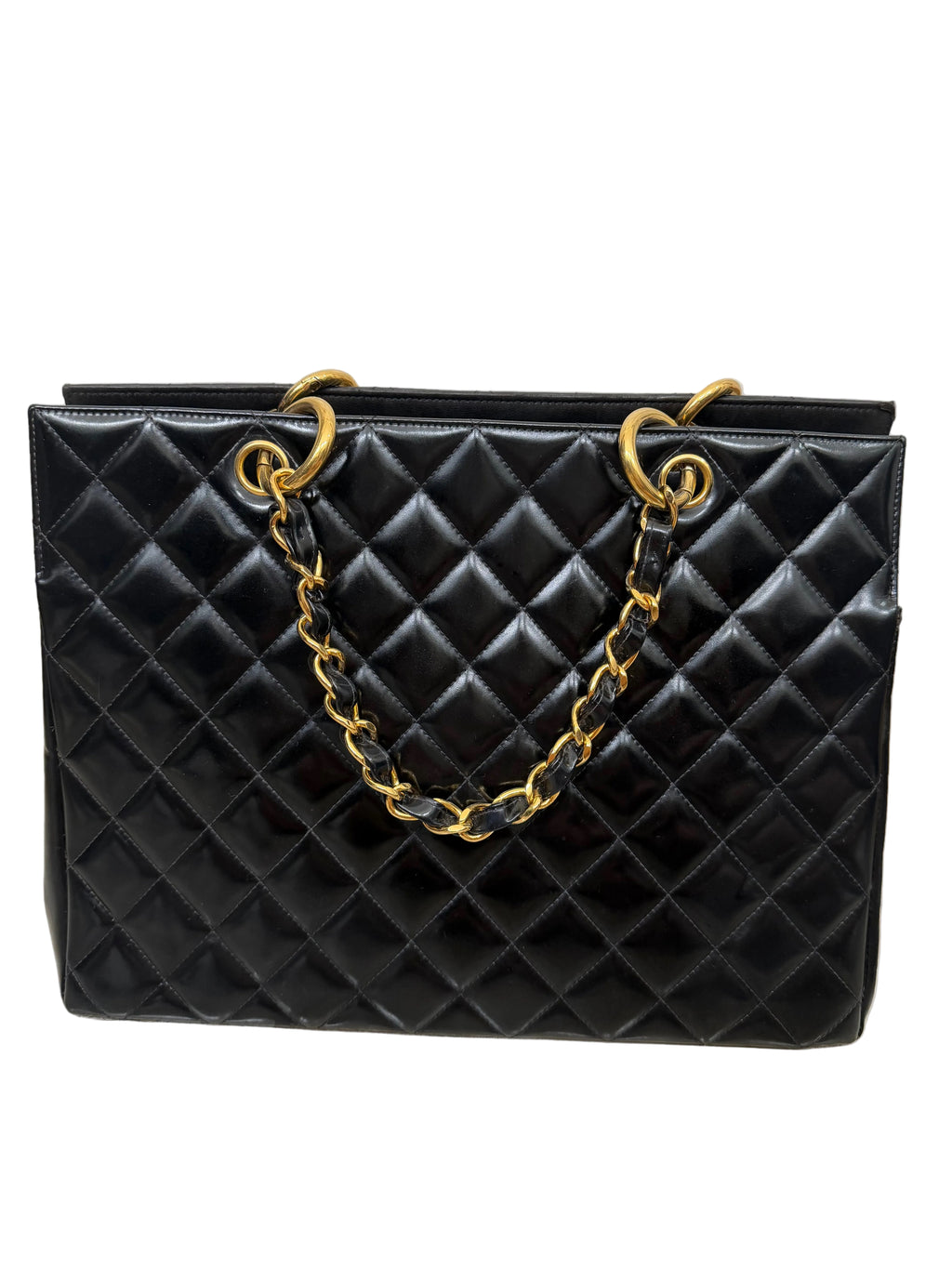 Vintage Chanel Black Patent Quilted CC Tote Gold Chain Shoulder Bag