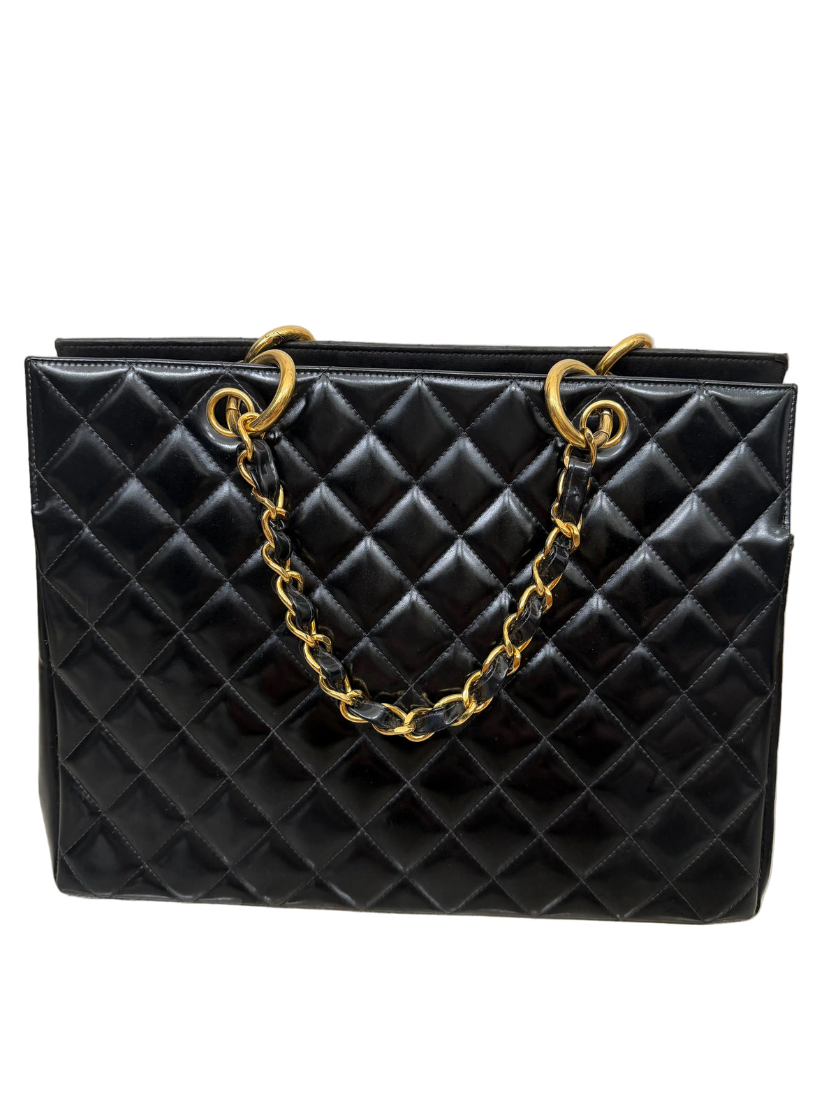 Vintage Chanel Black Patent Quilted CC Tote Gold Chain Shoulder Bag