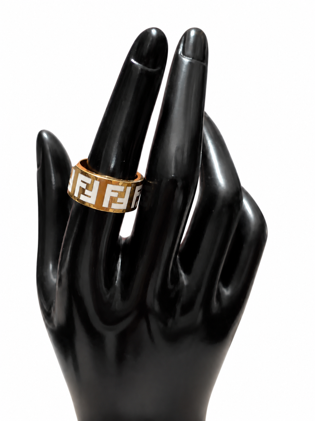 Fendi Forever FF Logo Wide Band Ring Gold Tone White Enamel Size M Made in Italy
