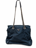 Prada Tessuto Nylon Chain Shoulder Tote Bag Navy Blue Silver Hardware