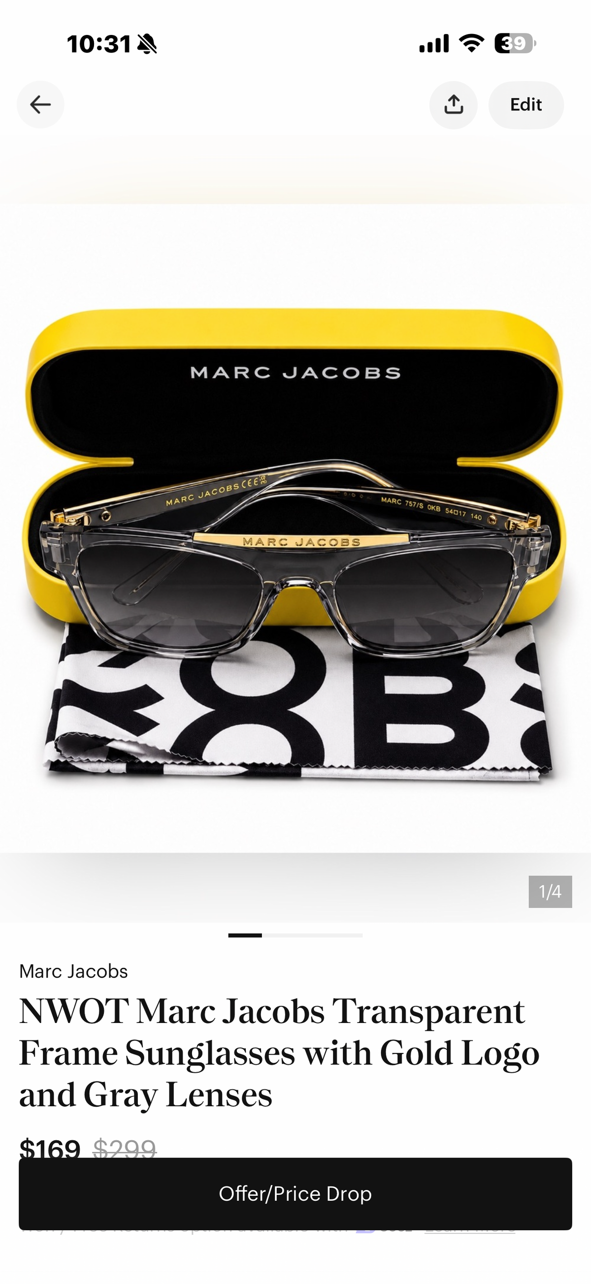 NWOT Marc Jacobs Transparent Frame Sunglasses with Gold Logo and Gray Lenses