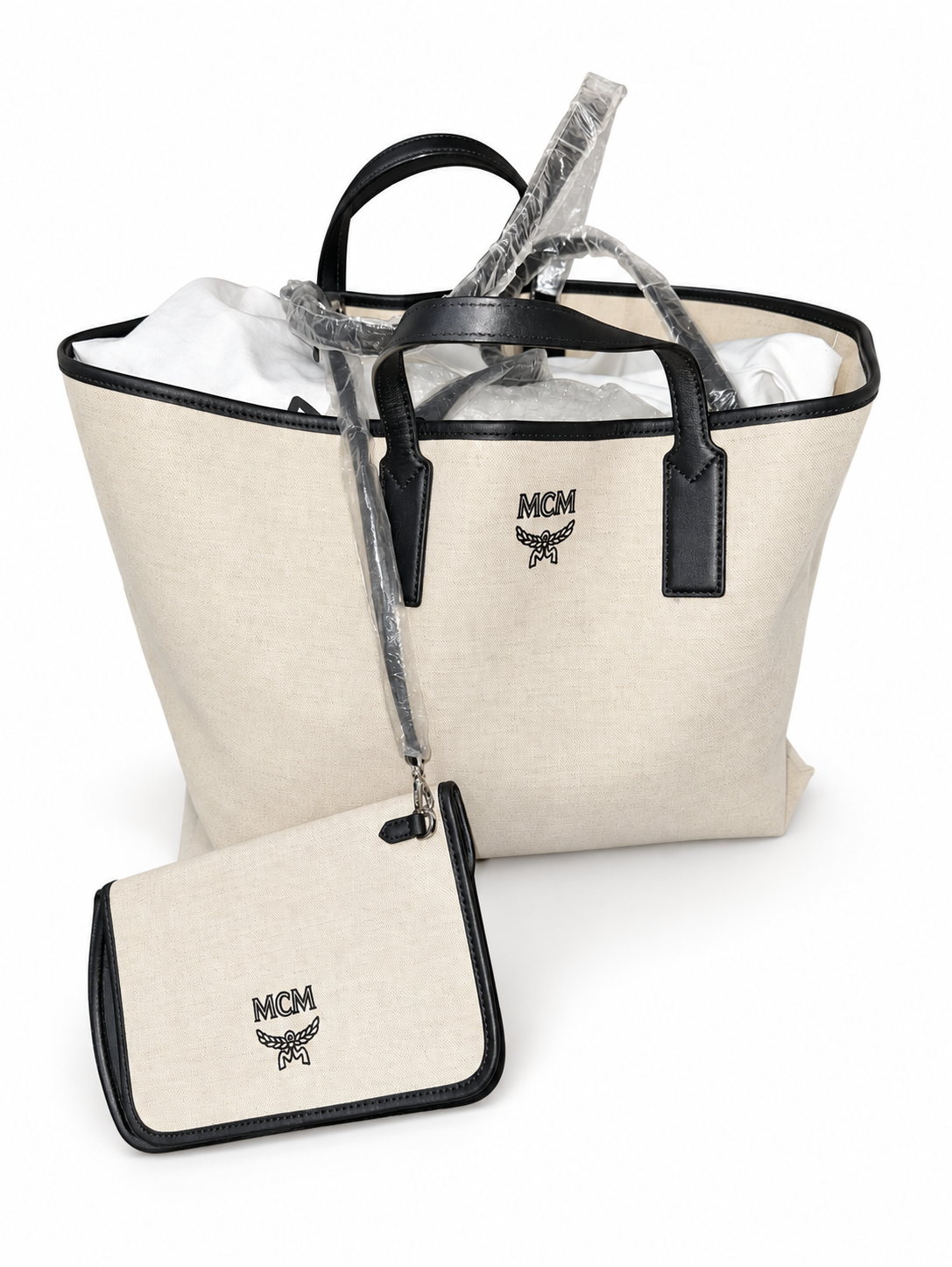 MCM Large Reversible Canvas Shopper Tote Black Beige Logo Print + Pouch & Strap