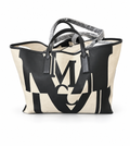MCM Large Reversible Canvas Shopper Tote Black Beige Logo Print + Pouch & Strap