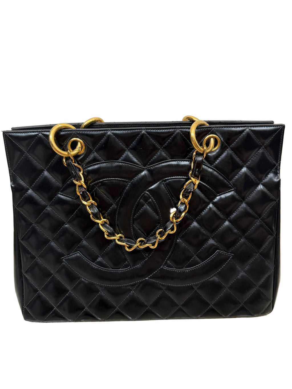 Vintage Chanel Black Patent Quilted CC Tote Gold Chain Shoulder Bag