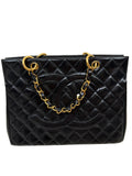 Vintage Chanel Black Patent Quilted CC Tote Gold Chain Shoulder Bag