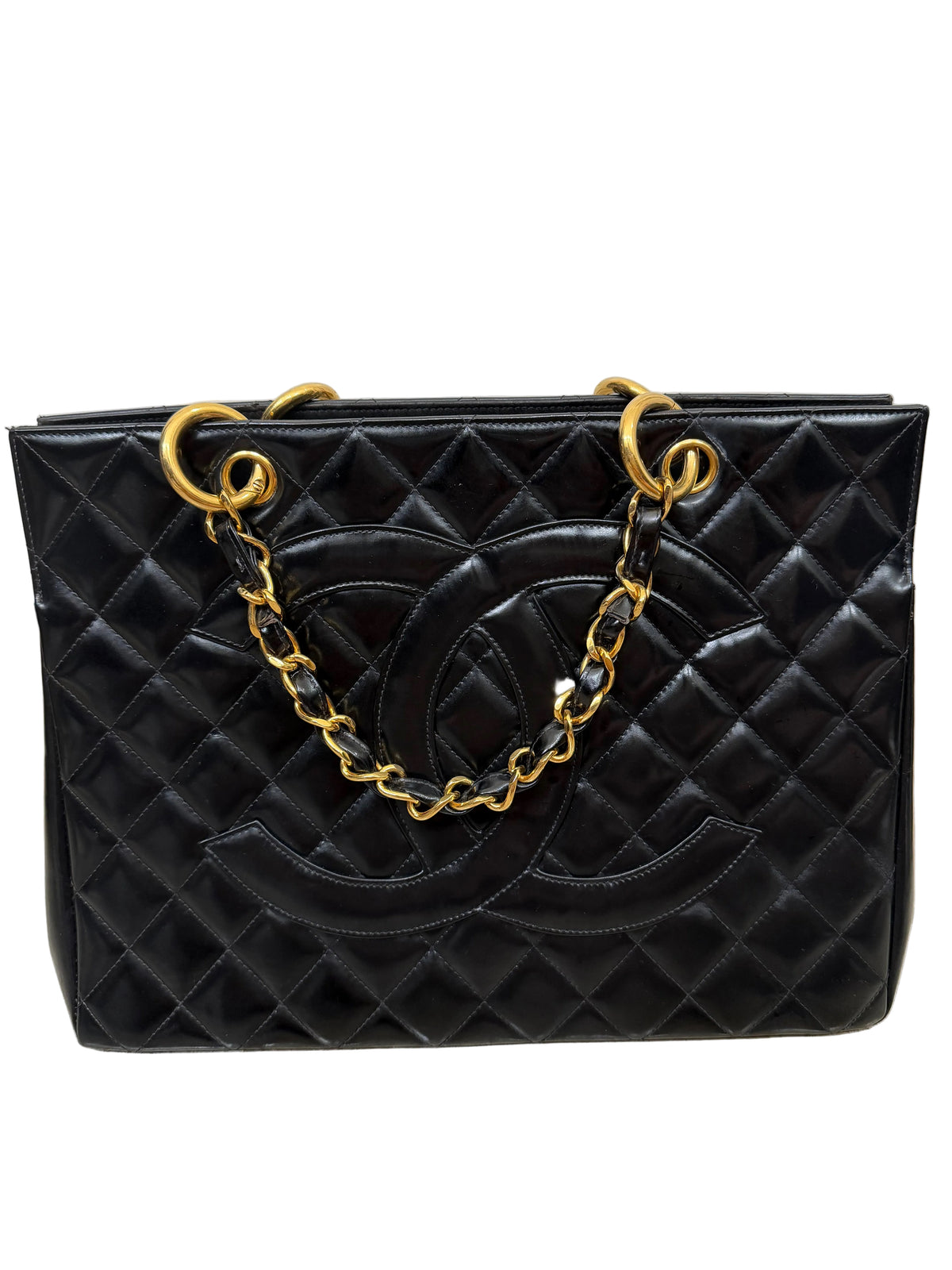 Vintage Chanel Black Patent Quilted CC Tote Gold Chain Shoulder Bag