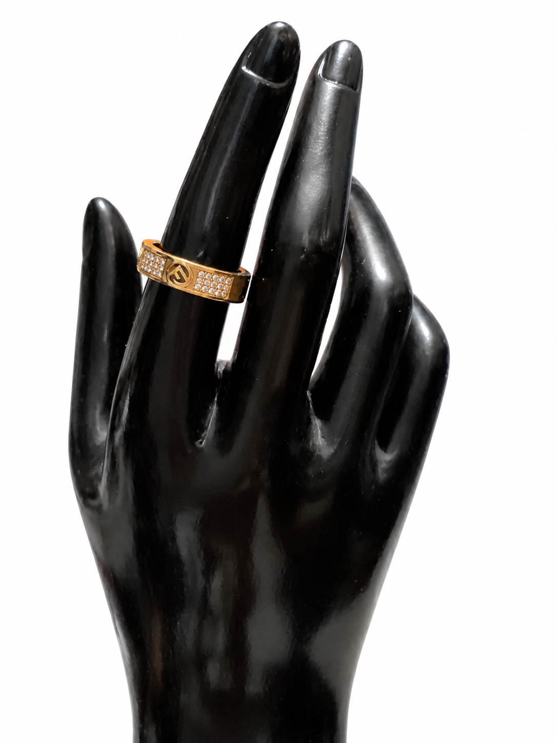 Fendi F Is Fendi Crystal Wide Band Ring Gold Tone Size M 8AH538 With Box