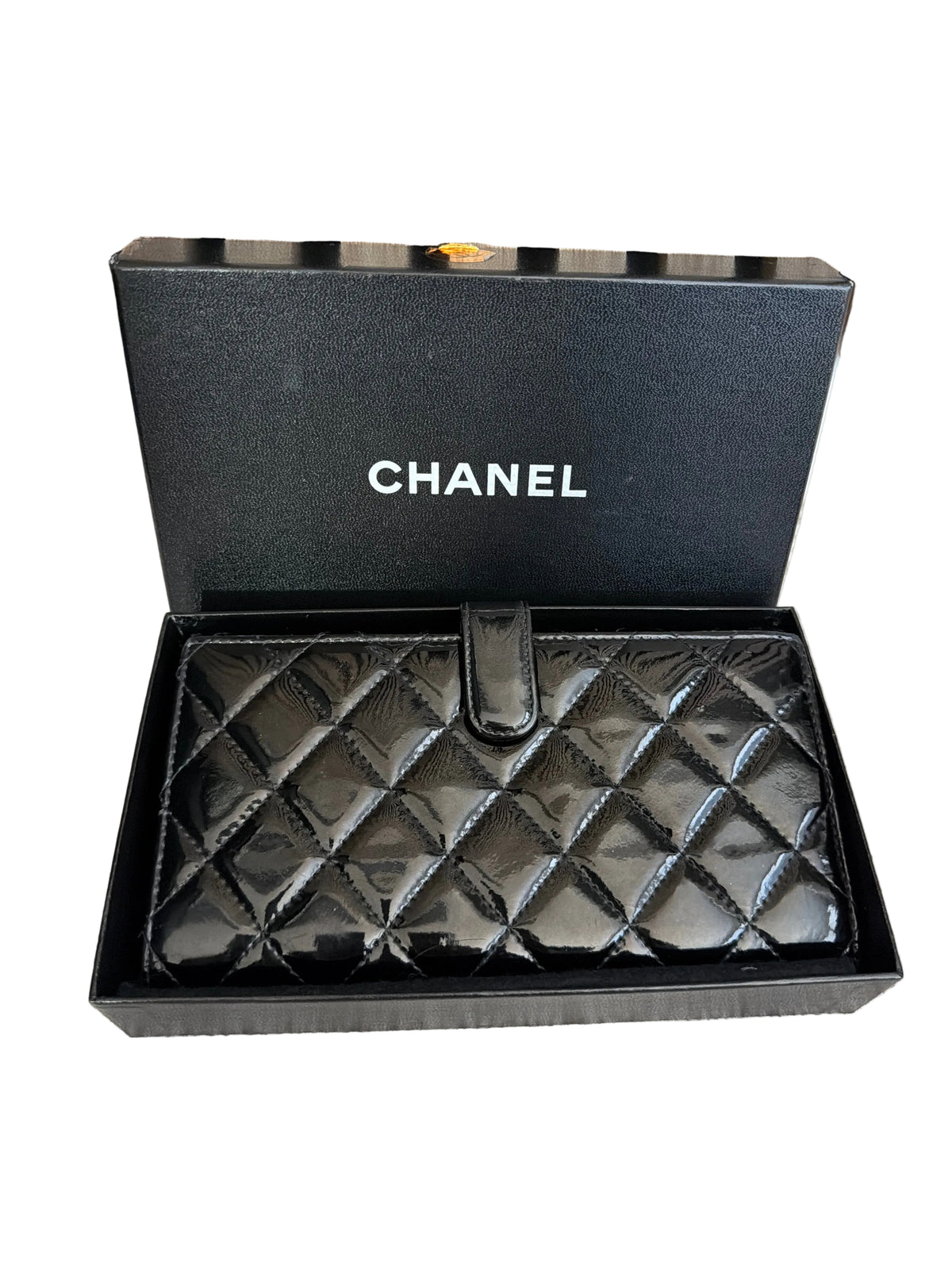 Chanel Black Patent Quilted Large Flap Wallet Silver CC