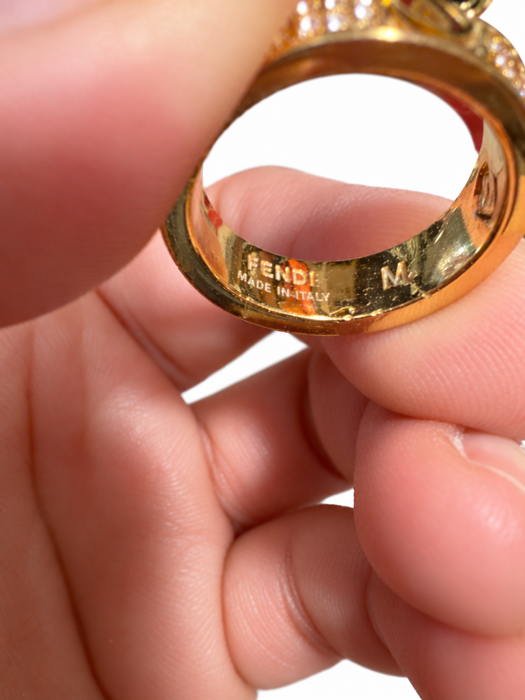 Fendi F Is Fendi Crystal Wide Band Ring Gold Tone Size M 8AH538 With Box