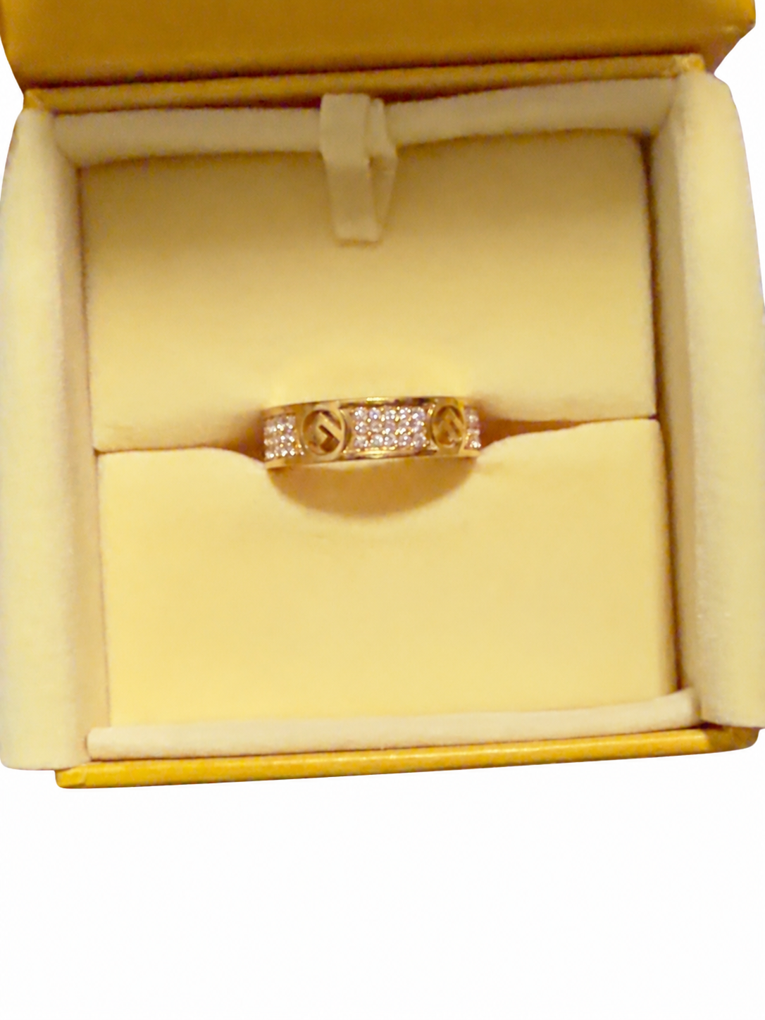 Fendi F Is Fendi Crystal Wide Band Ring Gold Tone Size M 8AH538 With Box
