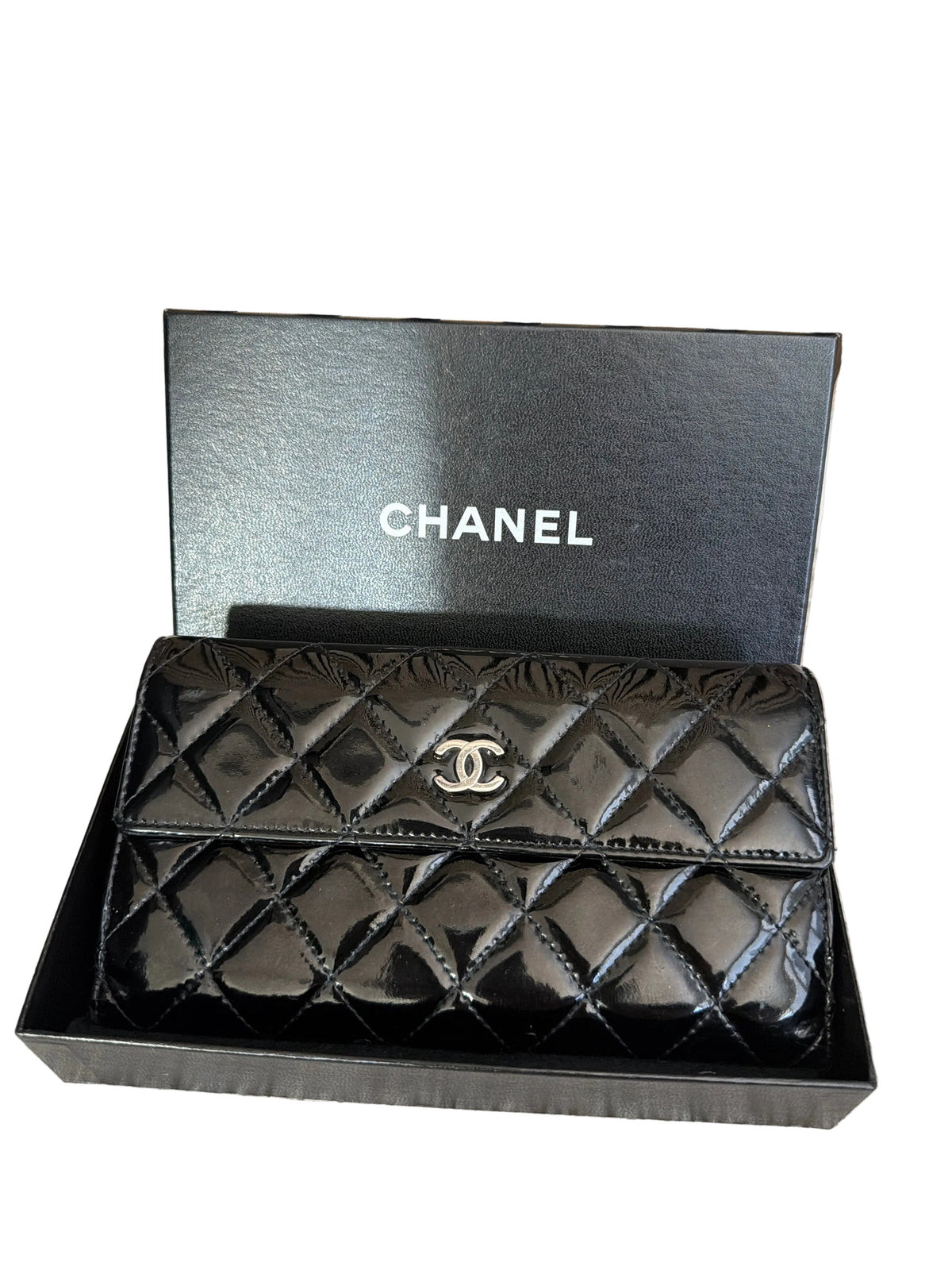 Chanel Black Patent Quilted Large Flap Wallet Silver CC