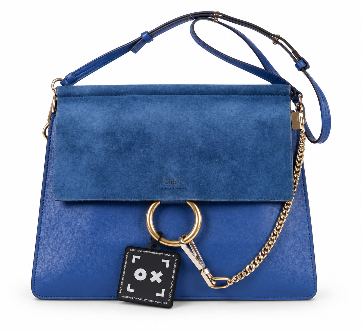 Chloé Medium Faye Shoulder Bag Blue Suede Leather Gold Chain + Legit App COA