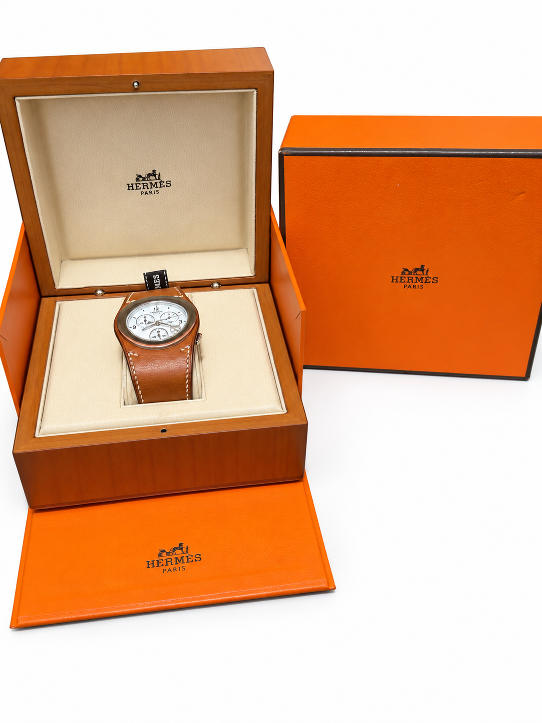 Hermès Harnais HA4.910 Chronograph Watch White Dial Brown Leather Cuff + Box COA