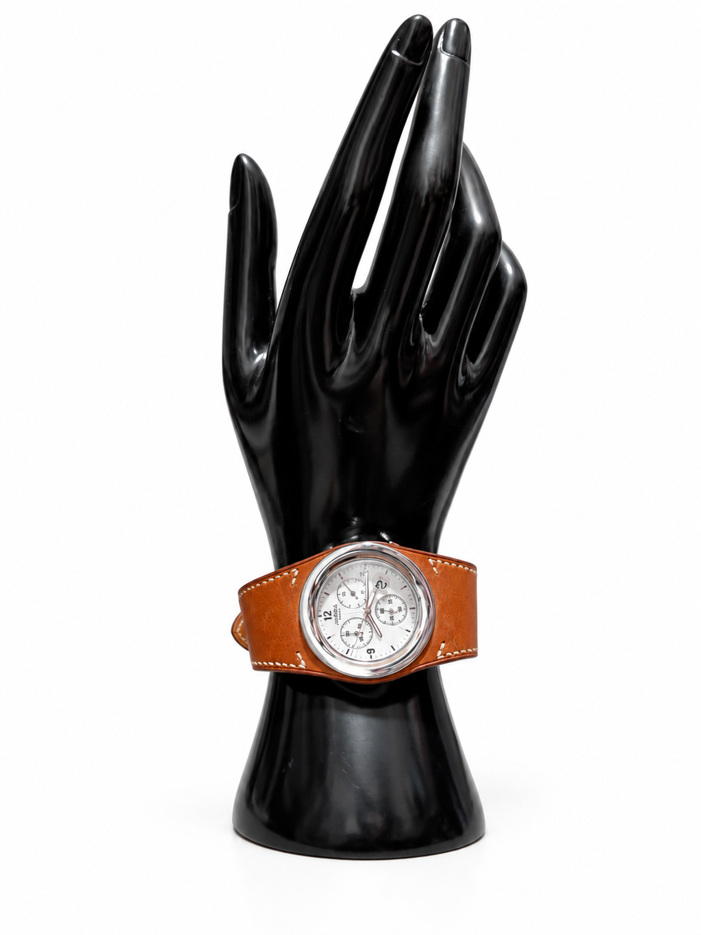 Hermès Harnais HA4.910 Chronograph Watch White Dial Brown Leather Cuff + Box COA