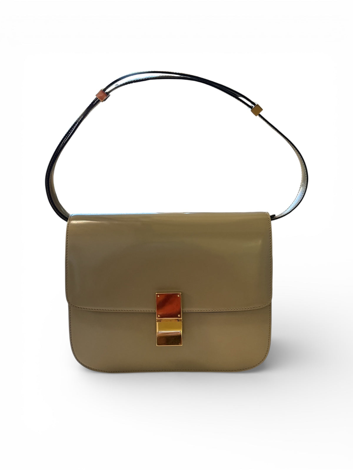 CELINE
Spazzolato Patent Leather Classic Box Medium Flap Bag Grey Gold