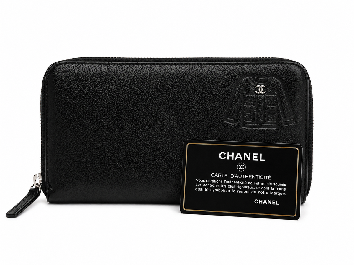 Chanel Black Caviar Leather Zip-Around Long Wallet with Jacket Motif & Silver CC