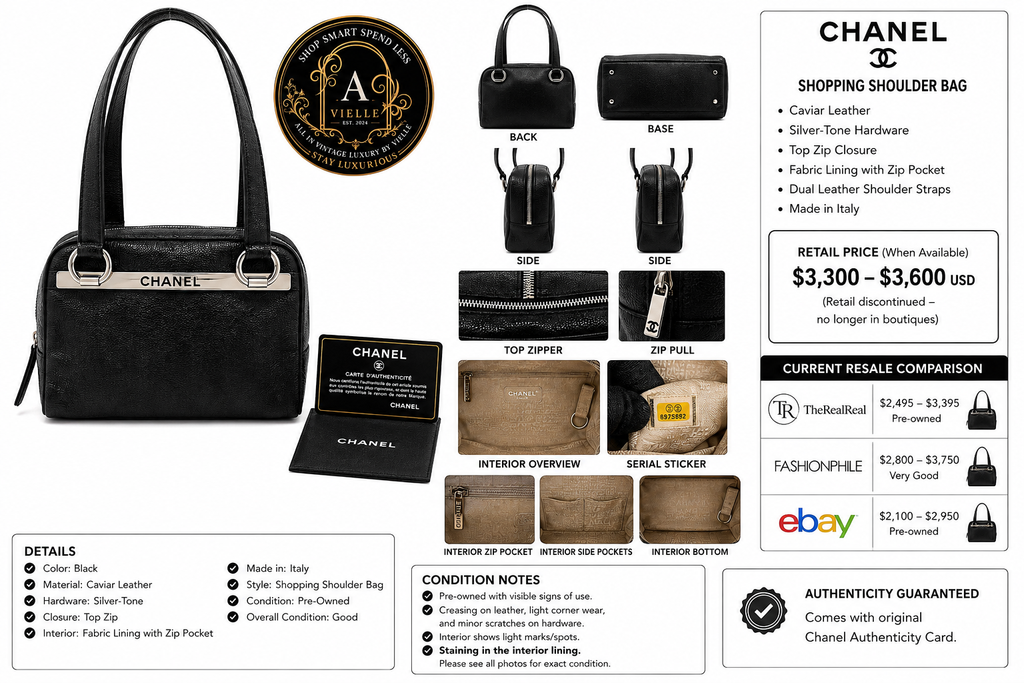 Authentic Vintage Chanel Black Caviar Leather Shoulder Tote Silver Logo Bar 9 Series