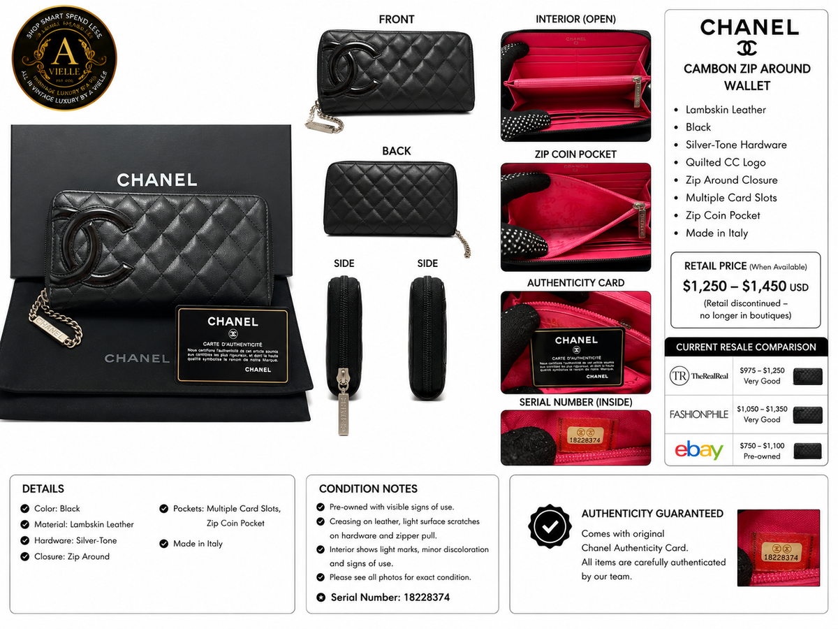 Chanel Cambon Ligne Zip Around Wallet Black Quilted Lambskin Pink Interior 18 Series