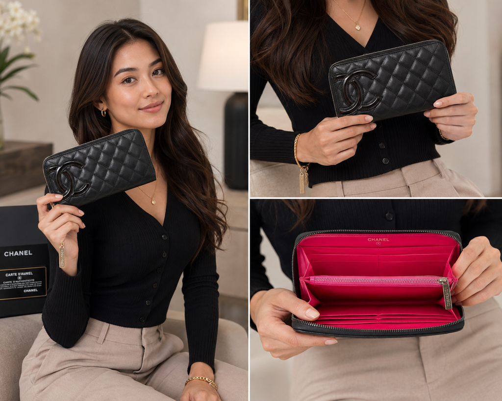 Chanel Cambon Ligne Zip Around Wallet Black Quilted Lambskin Pink Interior 18 Series