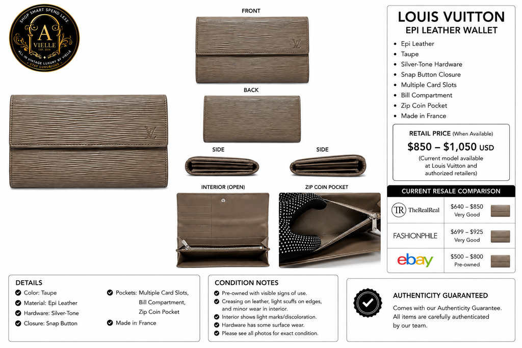 Louis Vuitton Epi Leather Sarah Long Wallet Taupe Brown Authentic Vintage