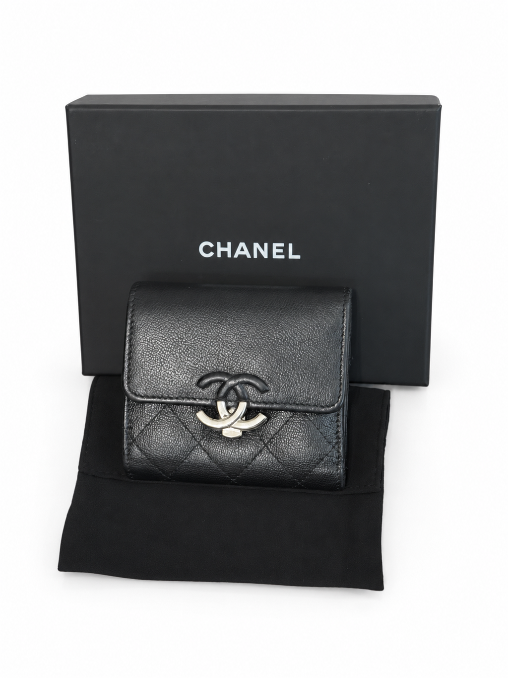 Chanel Black Caviar Leather Compact Flap Wallet Silver CC Hardware