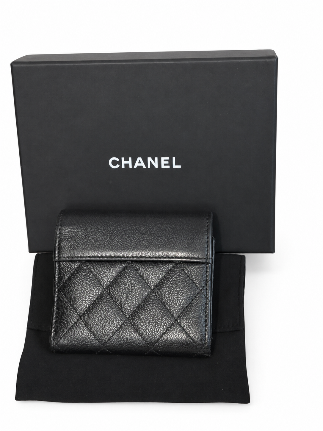 Chanel Black Caviar Leather Compact Flap Wallet Silver CC Hardware