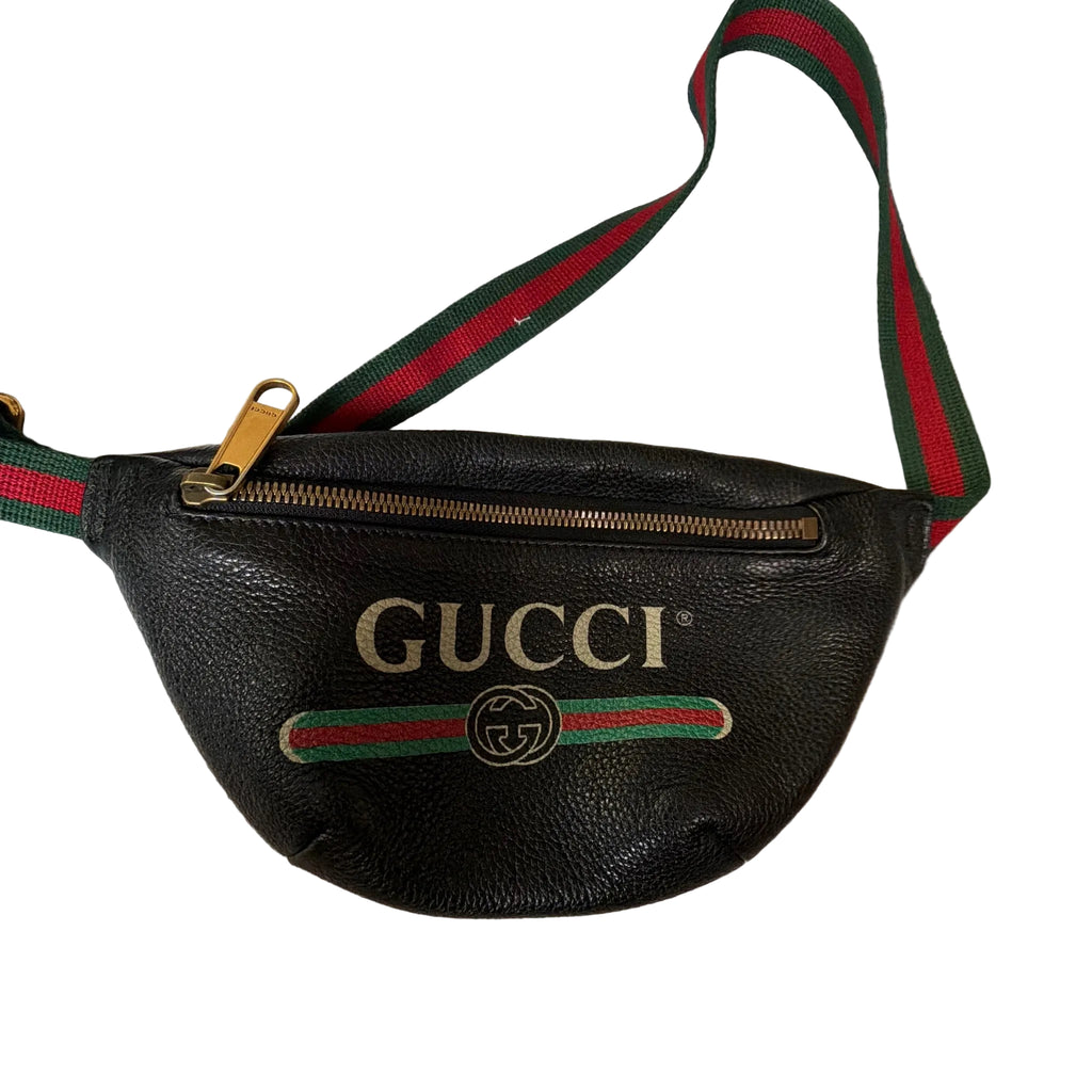 Gucci Vintage Logo Black Grained Leather Belt Bag Web Stripe Waist Bag