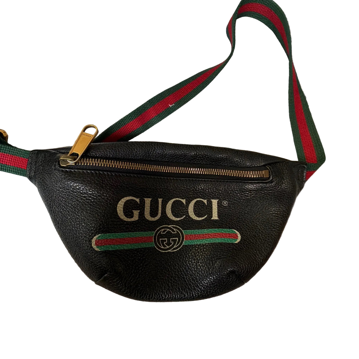 Gucci Vintage Logo Black Grained Leather Belt Bag Web Stripe Waist Bag