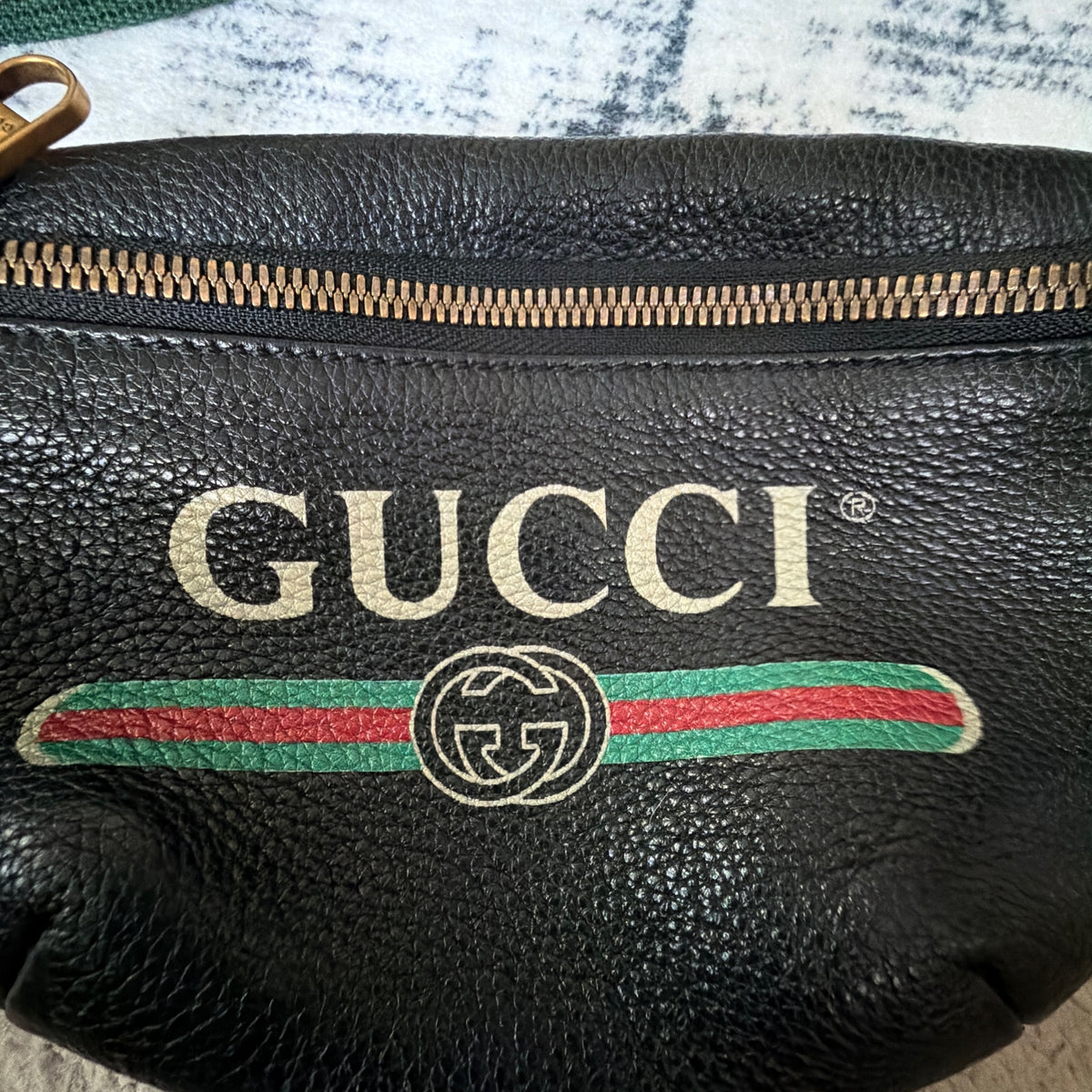 Gucci Vintage Logo Black Grained Leather Belt Bag Web Stripe Waist Bag