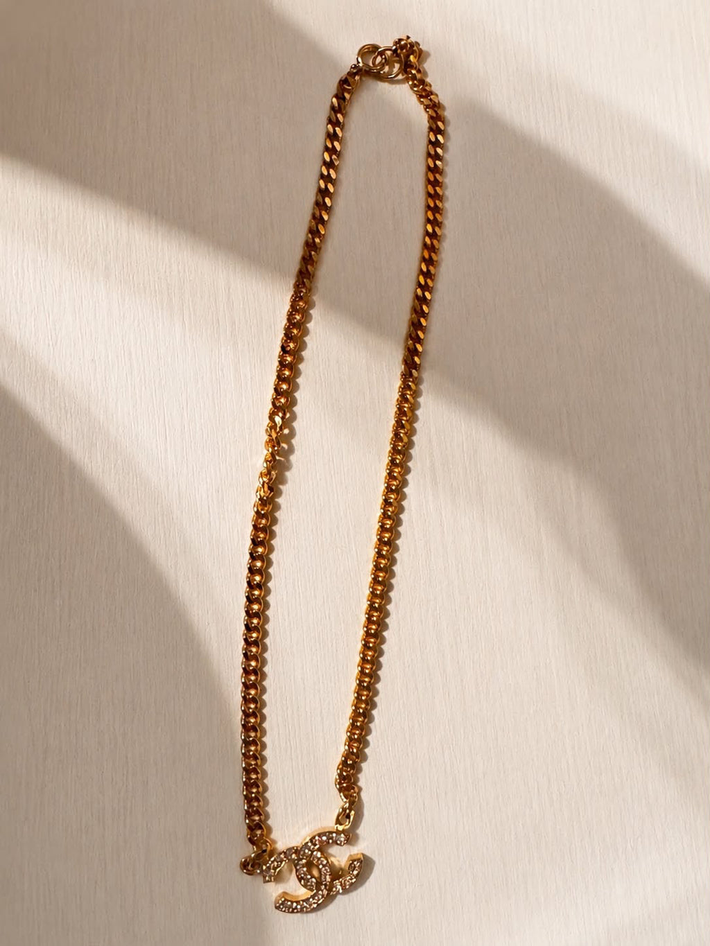 Vintage Chanel Gold Tone Crystal CC Pendant Chain Necklace Statement Jewelry
