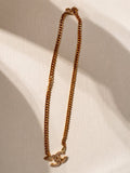 Vintage Chanel Gold Tone Crystal CC Pendant Chain Necklace Statement Jewelry