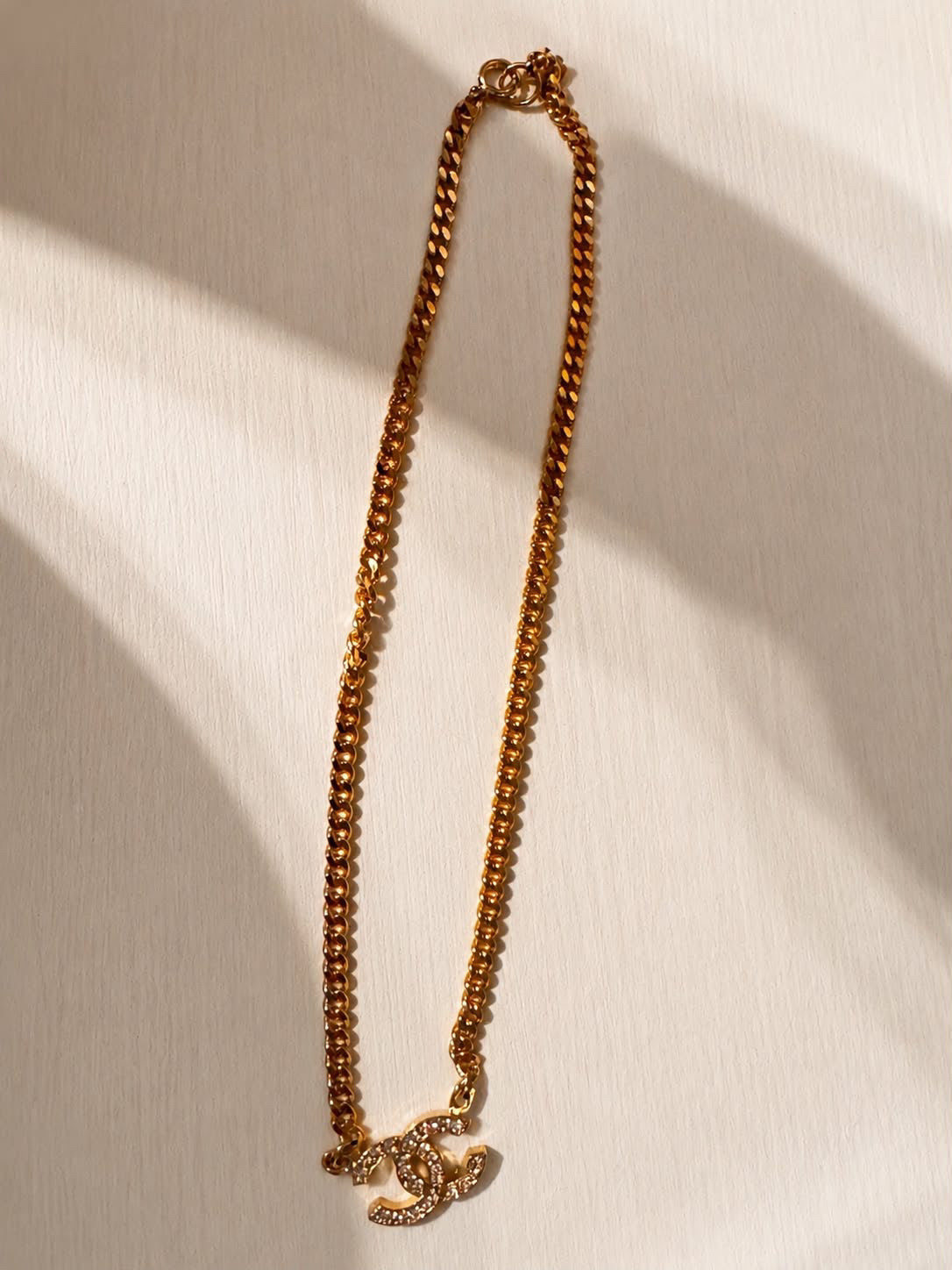 Vintage Chanel Gold Tone Crystal CC Pendant Chain Necklace Statement Jewelry
