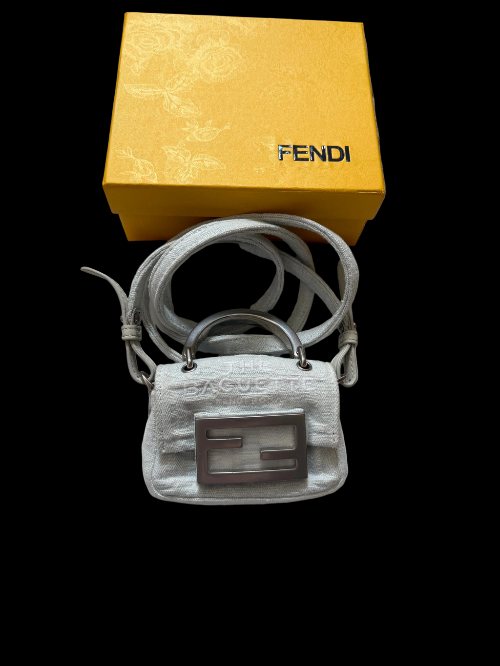 Fendi Nano Baguette FF White Mini Bag Silver Hardware Crossbody + Box Dust Bag