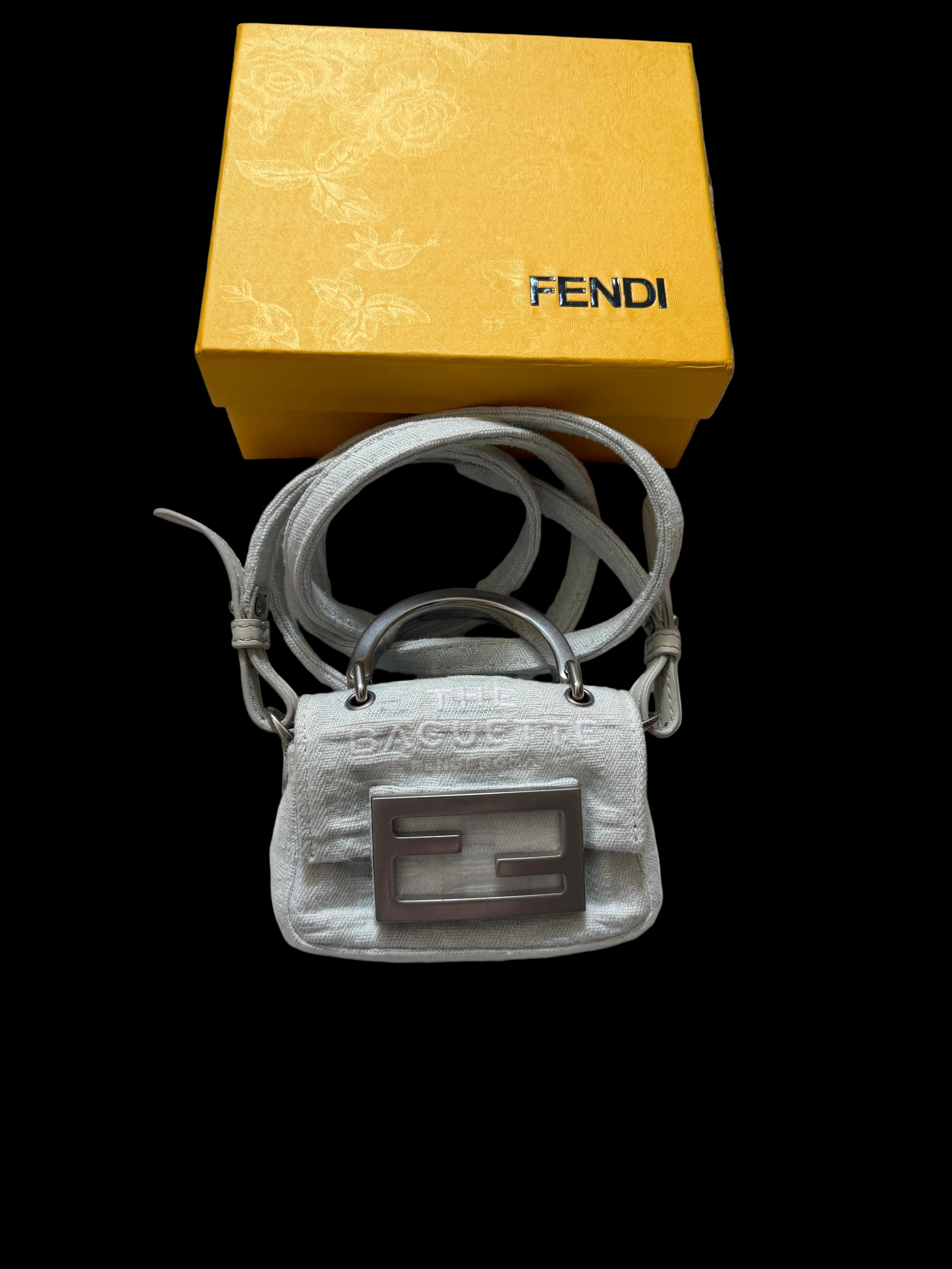 Fendi Nano Baguette FF White Mini Bag Silver Hardware Crossbody + Box Dust Bag