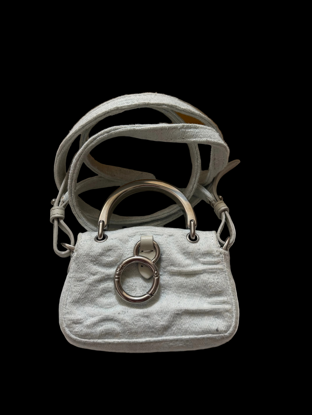 Fendi Nano Baguette FF White Mini Bag Silver Hardware Crossbody + Box Dust Bag