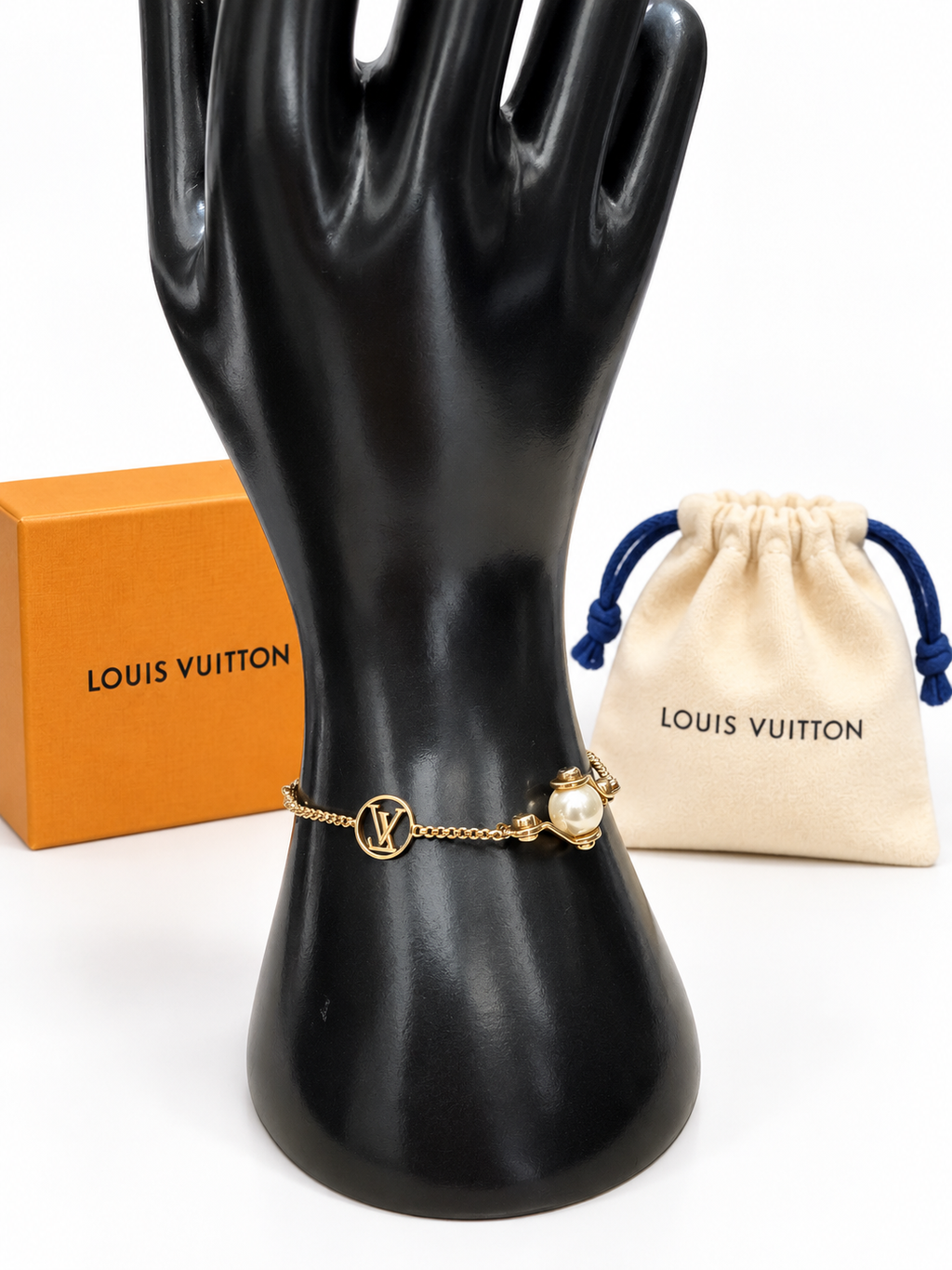 Louis Vuitton Speedy Pearl Bracelet M68063 Gold Tone LV Charm Faux Pearl Box Dust Bag
