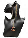 Chanel CC Long Pendant Necklace Gold Tone Pink Fuchsia Black Cabochon Tassel