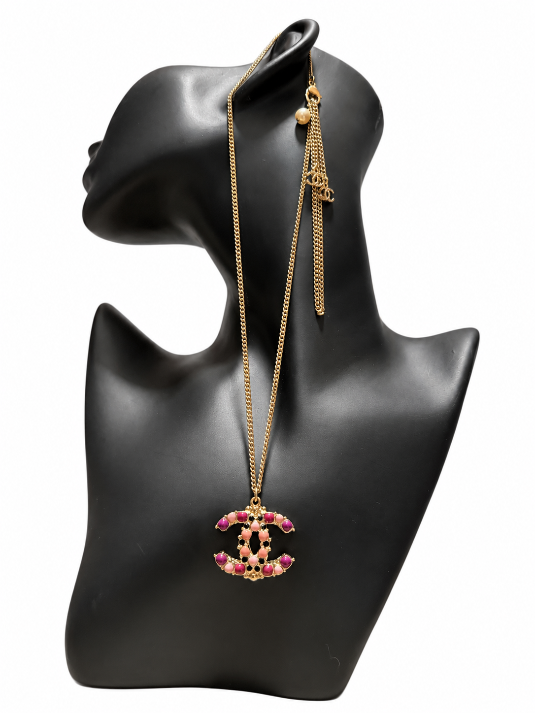 Chanel CC Long Pendant Necklace Gold Tone Pink Fuchsia Black Cabochon Tassel