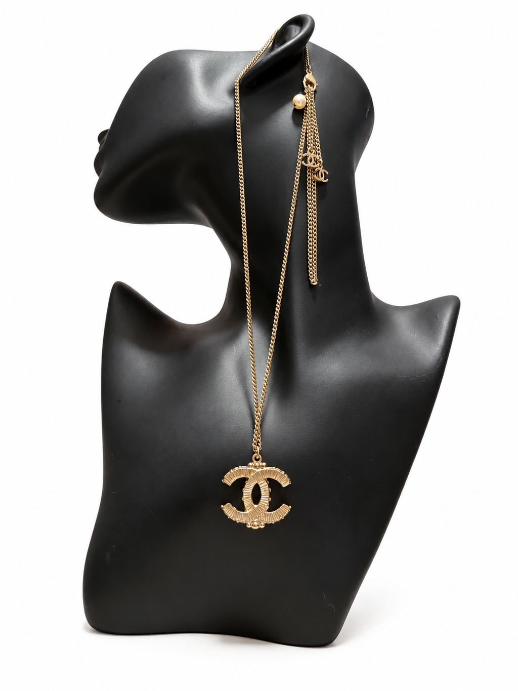Chanel CC Long Pendant Necklace Gold Tone Pink Fuchsia Black Cabochon Tassel
